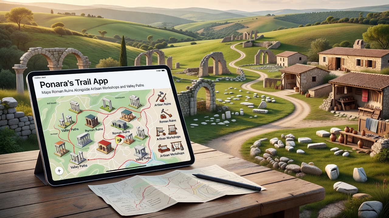 Valley paths winding through Ponara landscape with marked artisan workshops and Roman ruin locations on the Trail App